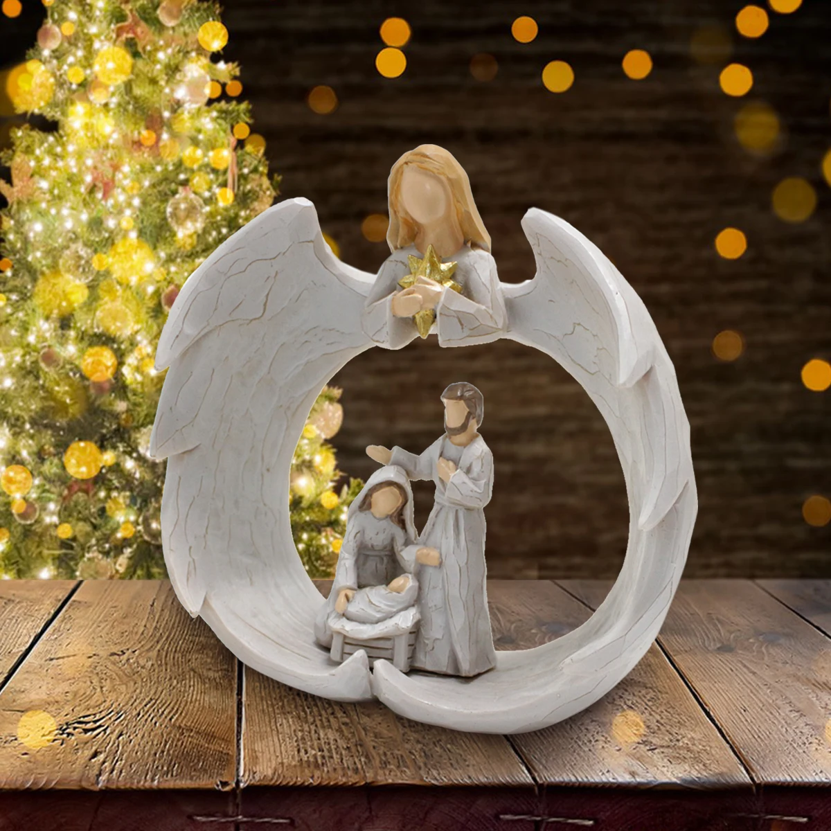 Religious Christmas Ornaments Pray Heart Shape Holy Family Christian Decor Angel Resin Statue