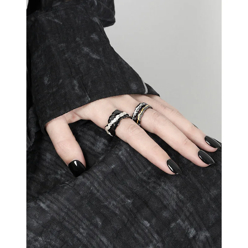 Personality Double Colors Mixed 925 Silver Open Ring Irregular Black Color Textured Open Rings