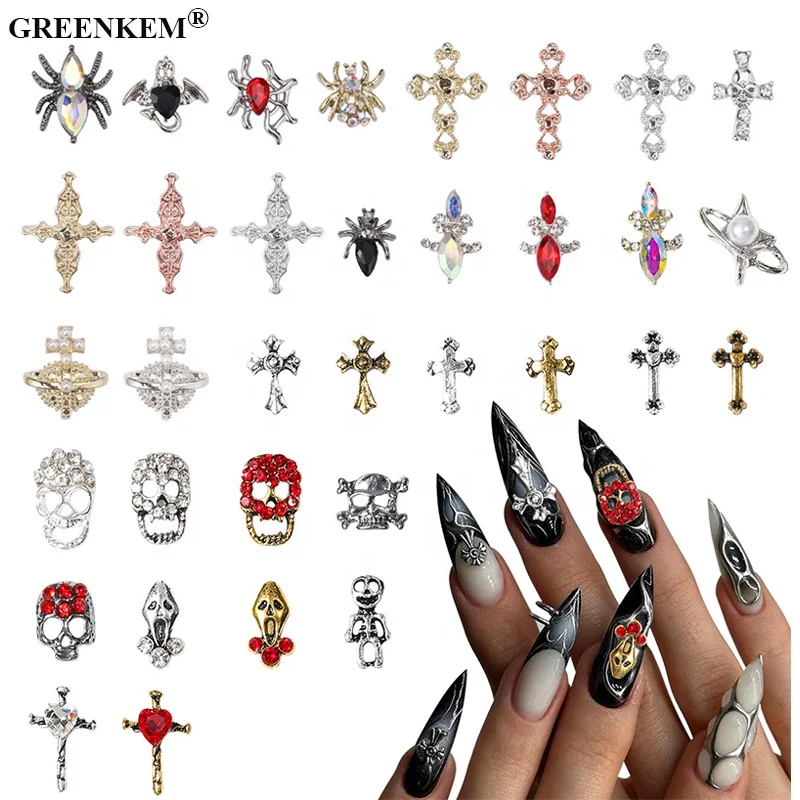 10 pcs/bag Hot Sale Cross Halloween Alloy Rhinestone Spider Skull Bat Planet Nail Decoration Nail Art Accessories