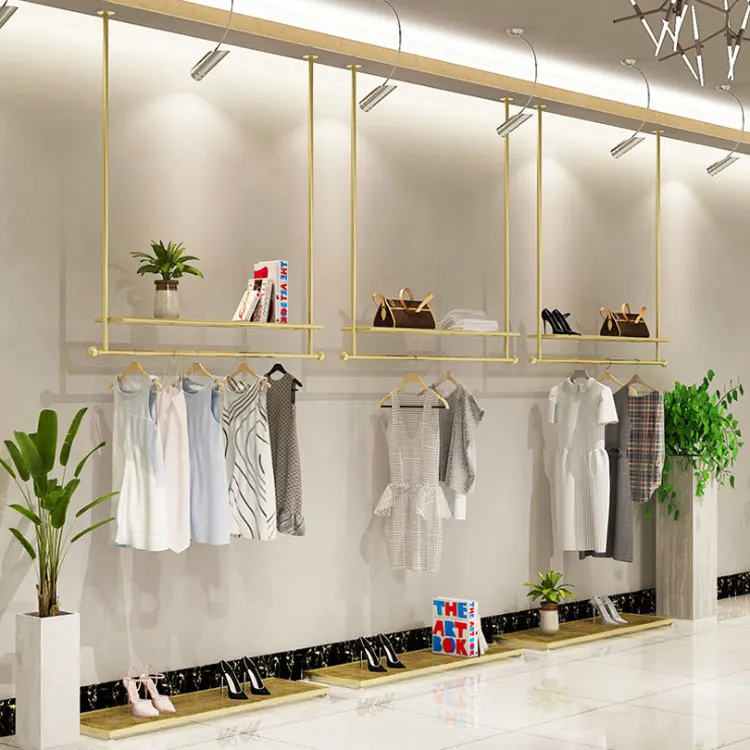 Simple Clothing Store Interior Design Customized Gold Metal Ceiling Mounted Display Racks Hanging Shelves