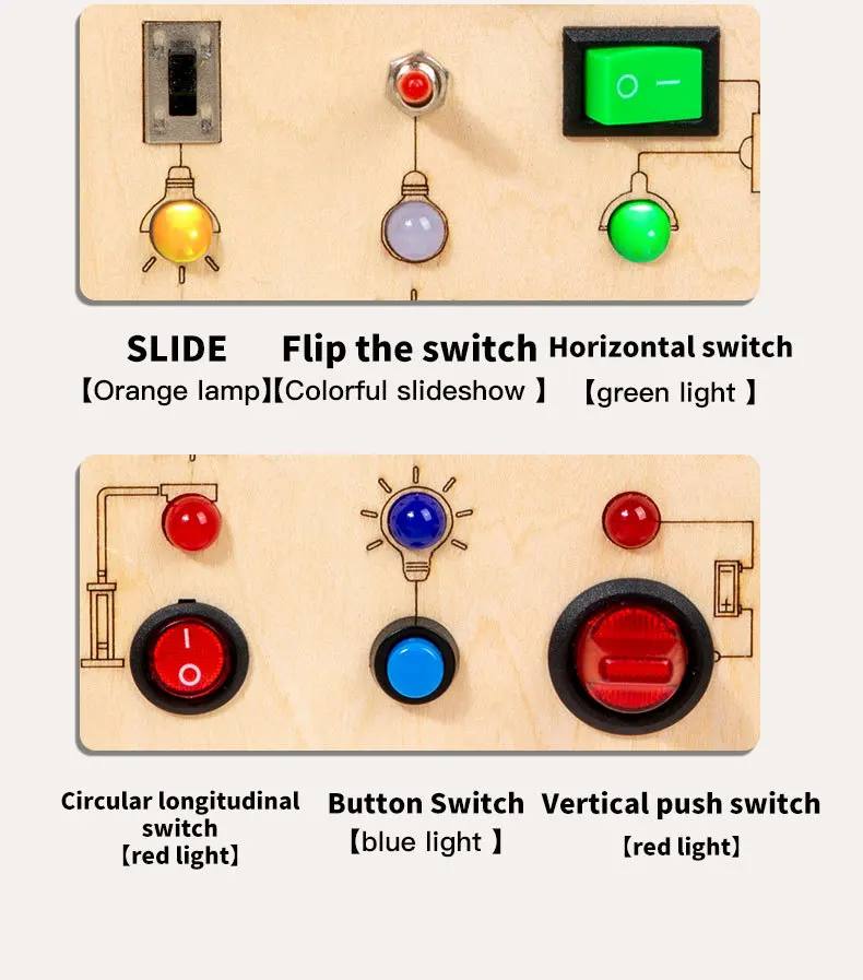Montessori Wooden Busy Board with 8 LED Light Switches, Sensory Toys Light Switch Travel Toys for 1+ Year Toddler