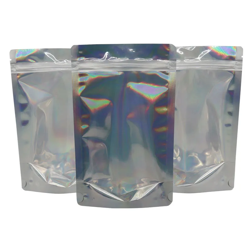 
Plastic Zip lock Clear Transparent Front And Holographic Foil Back Zip Lock Stand Up Pouch Bag With Zipper 