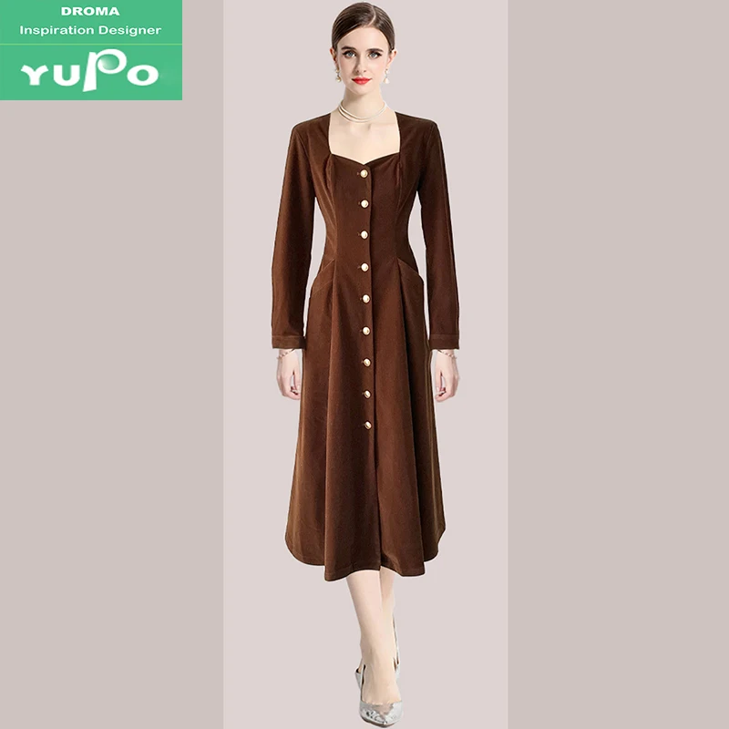 Droma 2024 new design fashion square neck matte velvet high waist casual dresses vintage women lady elegant