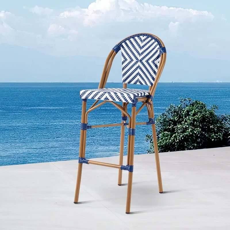 Blue White Parisian Wicker Bar Stool Furniture Outdoor Cafe Rattan Aluminum High Bar Chairs