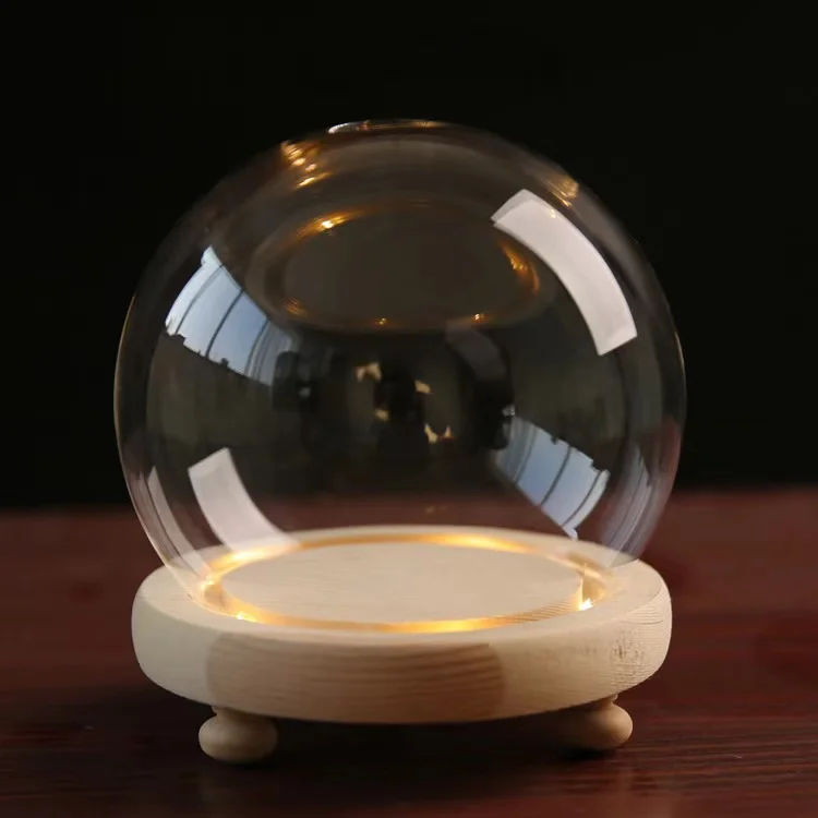 clear Ball shaped Glass Bell dome with wooden base