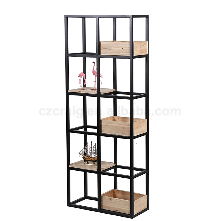 Wooden and metal bookshelf industrial cube shelf for living room furniture