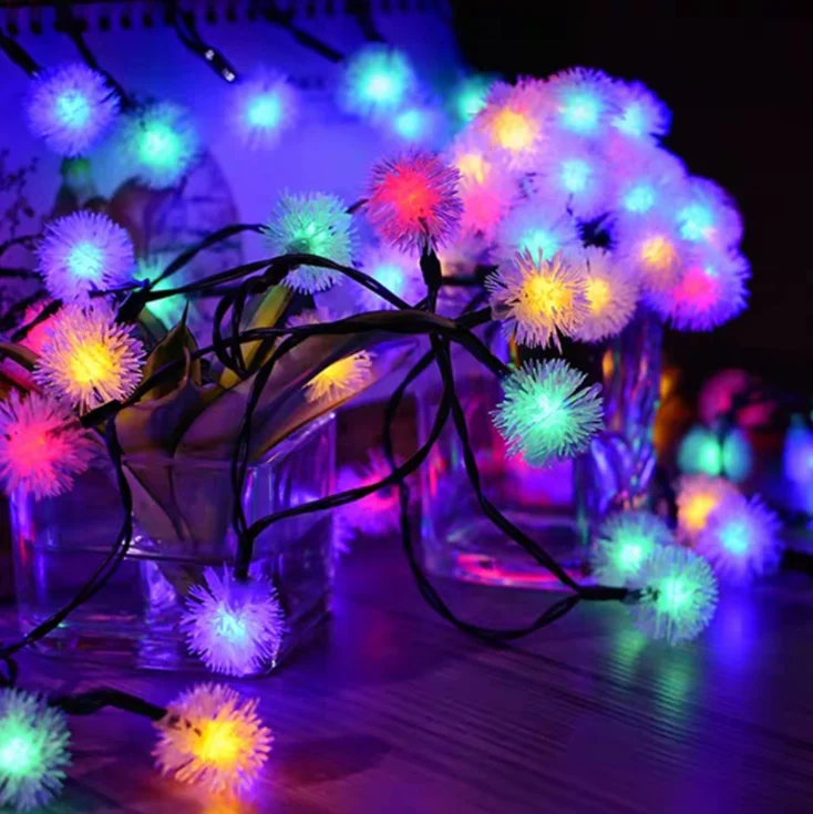 LED Snow Ball Pompom String Lights Battery Box 8 Function Flashing Christmas Decoration Light Hairy Ball Solar String Lights