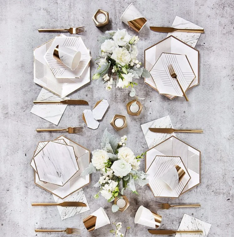 
Gold Black White Tableware Wedding Hen Birthday Party Decorations Party Supplies Disposable Plates Paper Plate Set 