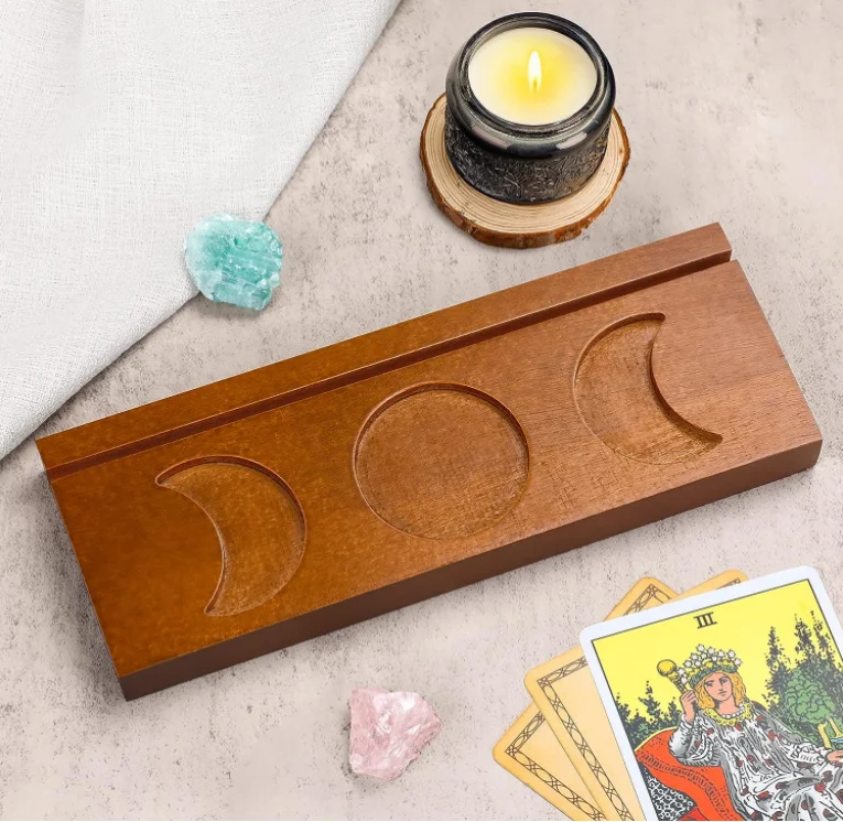 brown wooden Tarot Card Holder, Playing Deck Display Stand For Tarot With Triple Moon Phases Symbol