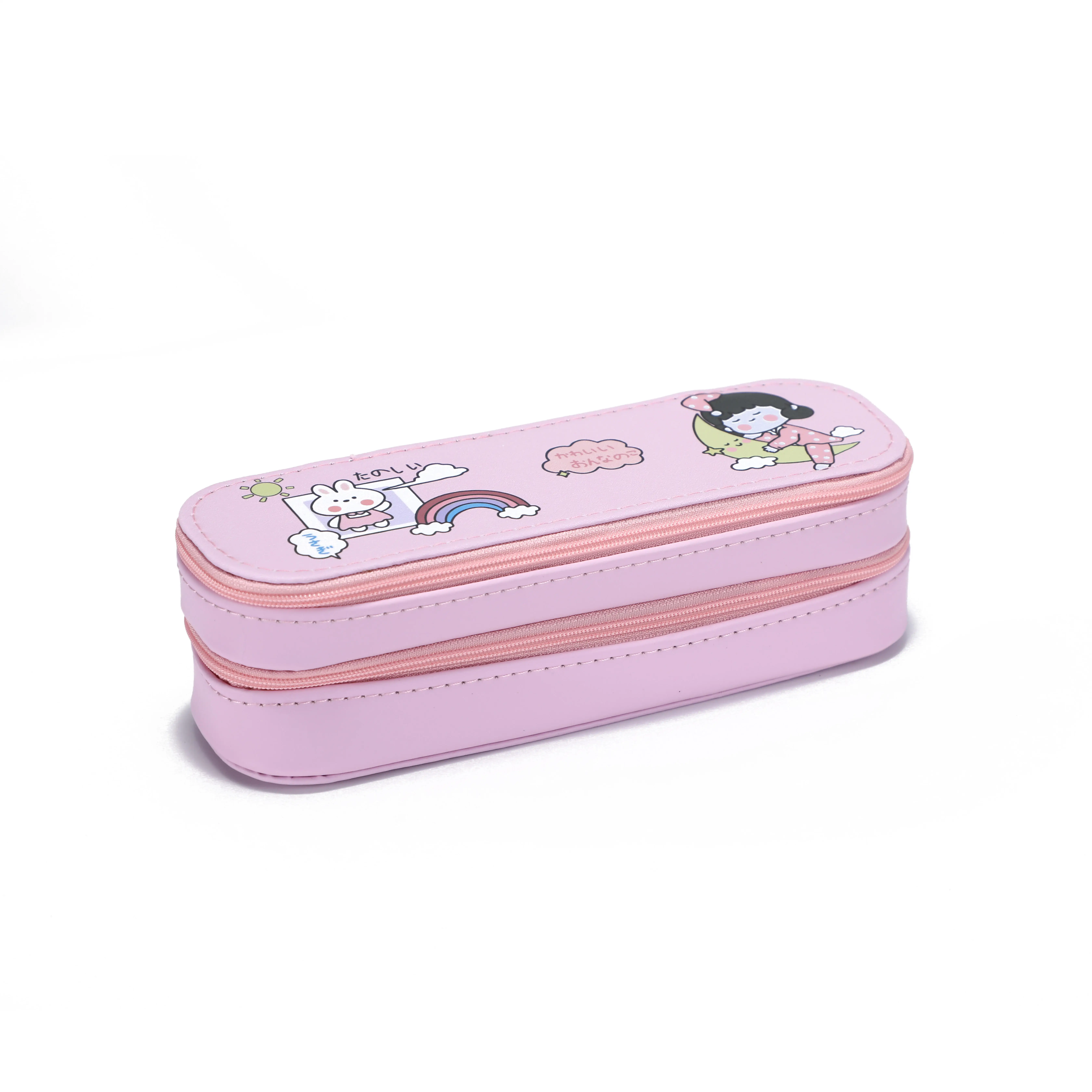 Wholesale Full Color Printing PU Pencil Pouch Bags Cases with 2 Layers and 2 Zippers for School Office Student Boys & Girls