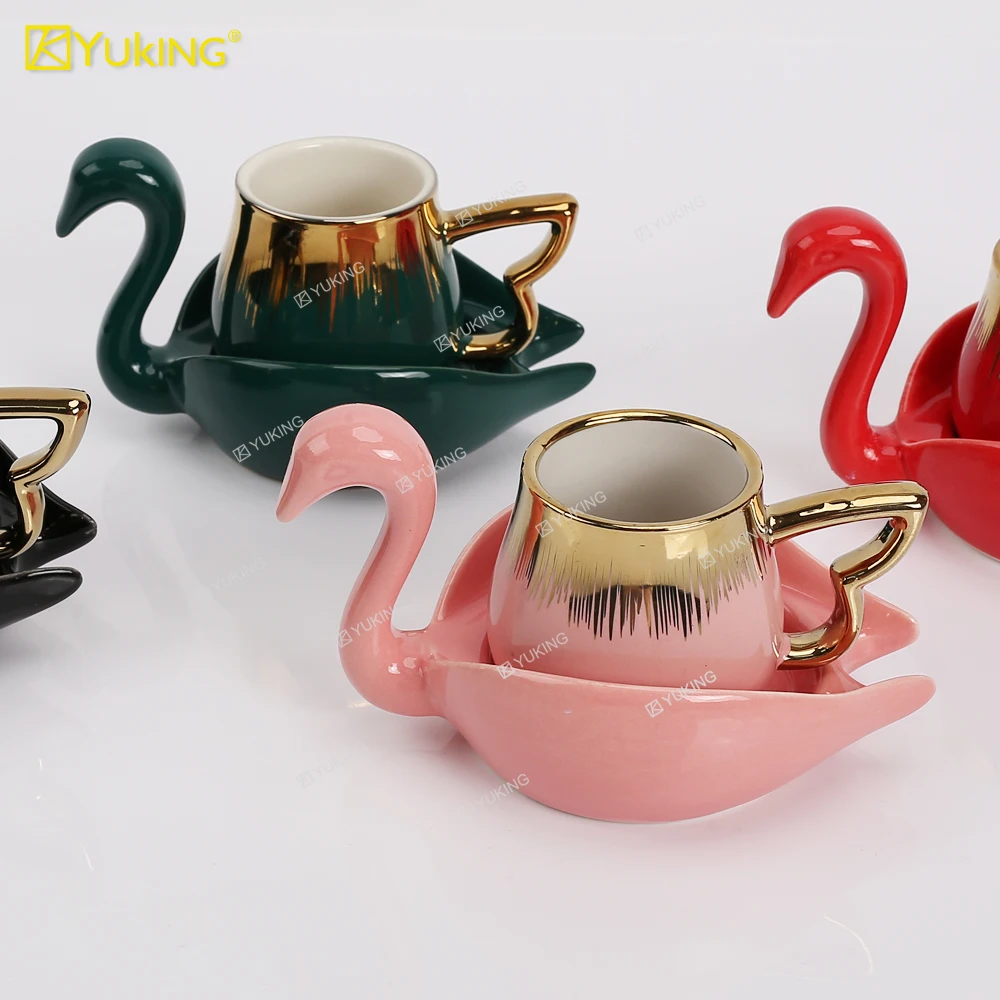 Manufacturer Wholesale High-quality Durable 12pcs Gold Edged Ceramic Swan Camel Coffee Cup And Saucer Set