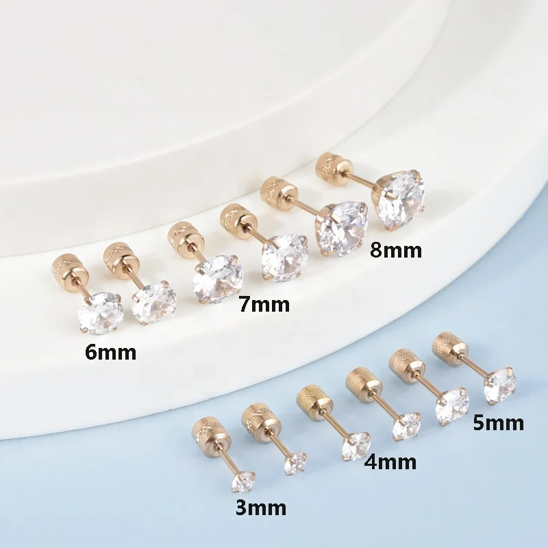 Wholesale Hypoallergenic Round Cubic Zirconia Earring Stainless Steel Gold Plated Jewelry CZ Stud Earrings Men Women
