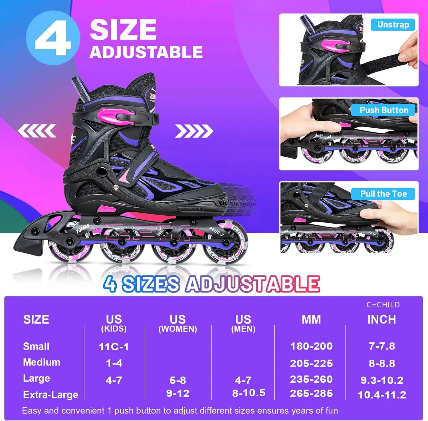Rainbow Unicorn 4 Size Adjustable Light up Roller Skates for Girls Boys for Kids