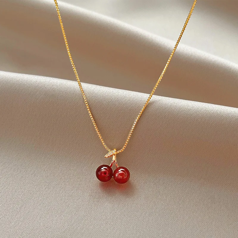 Cute Design 18k Real Gold Plated Korean Design Cherry Pendant Necklace Set