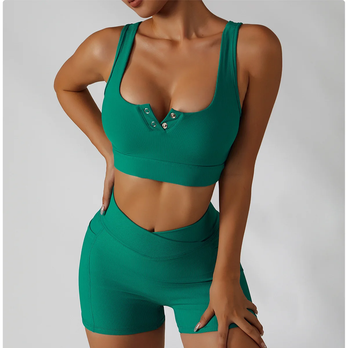 Pashasunshine Front Button Crop Top Shorts Sets Ribbed Seamless Fitness Wear Plain Workout Bra V Shorts Sets Yoga Wear