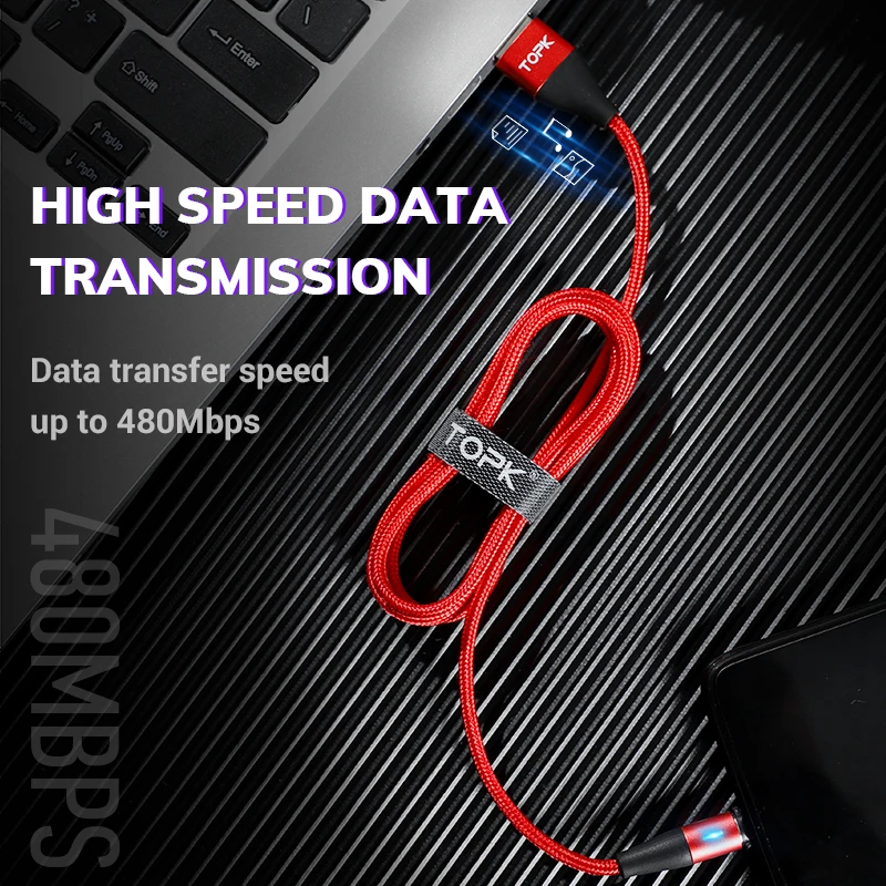  Бесплатная доставка TOPK AM60 2M 3A QC3.0 Быстрая зарядка Магнитный кабель USB Type