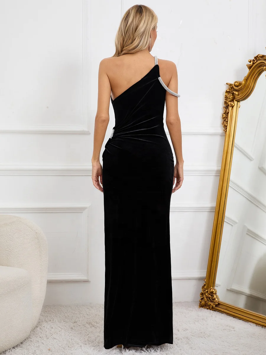 Wholesale Women Clothing Manufacturer Golden Velvet Sexy Black Banquet One Shoulder Elegant Long Gown Modest Evening Dress