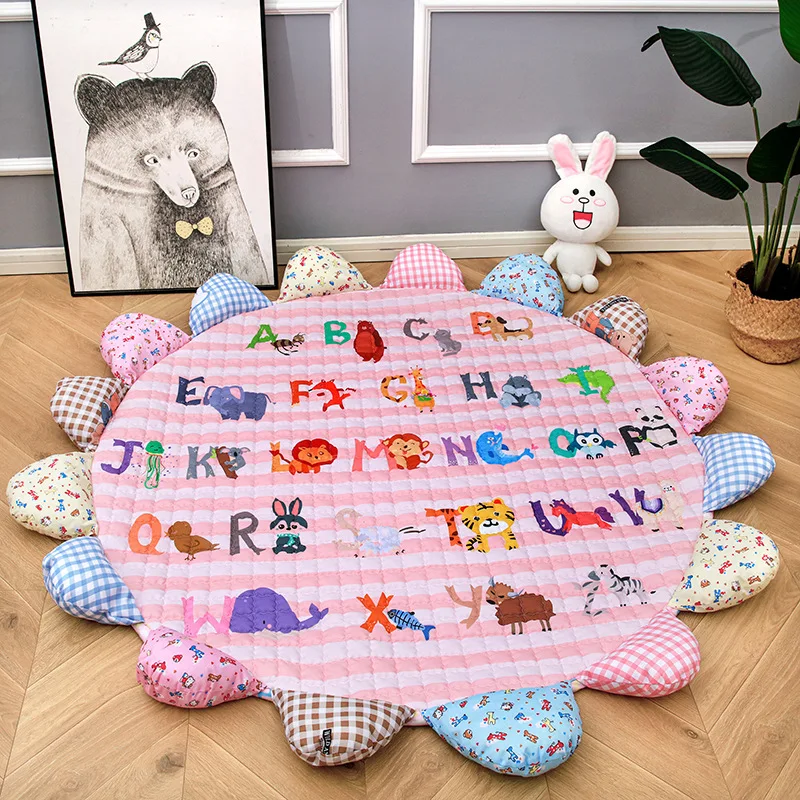 Designer round kids play living room floor mat printed flower shape children play pads quilted non slip baby play crawling mat