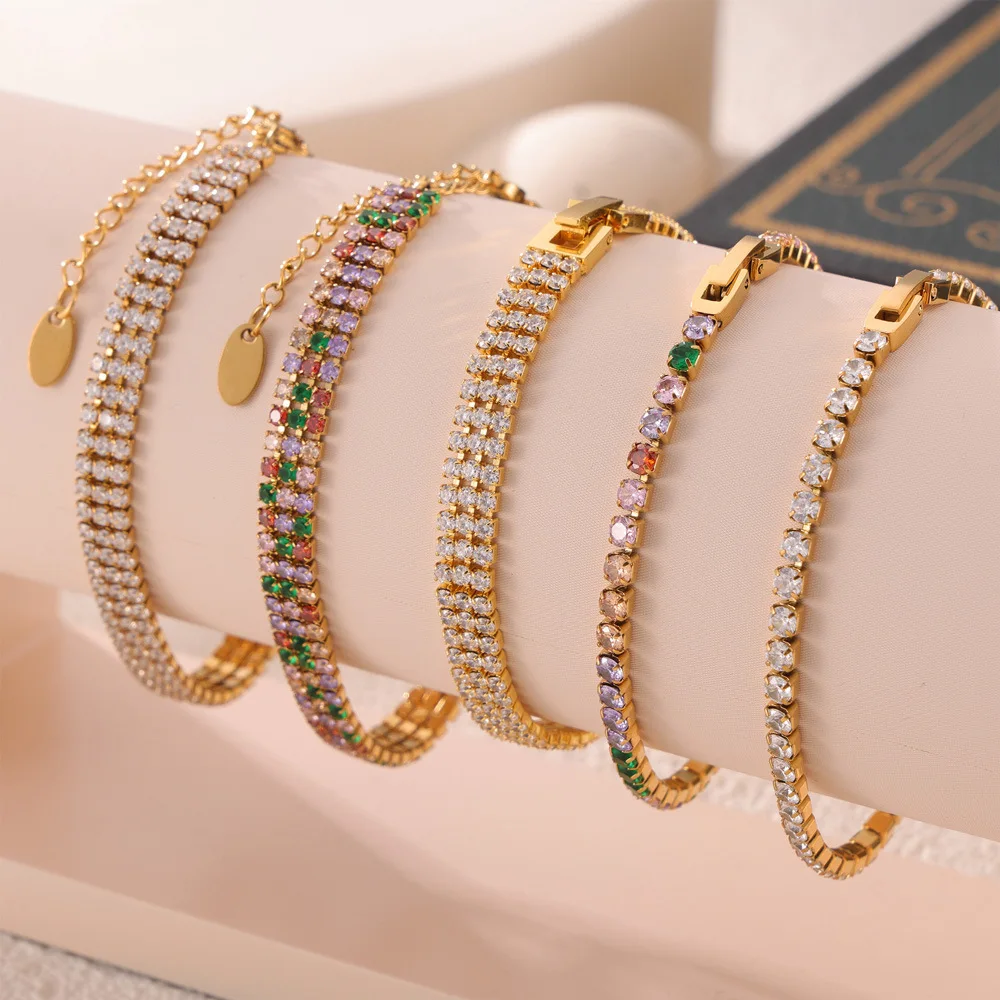 Ladylike Diamond Cut Colorful Natural Zirconia Stone Inlaid PVD Real Gold Coating 316L Stainless Steel Tennis Chain Bracelets
