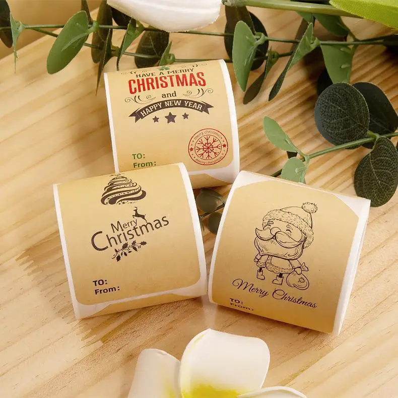Wholesale Eco-friendly Waterproof Stickers Kraft Paper Christmas Gift Box Self-adhesive Label Decorative Stickers