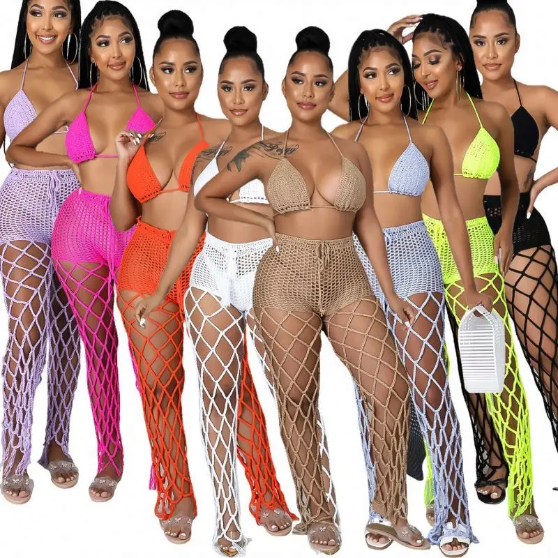 Crochet Clothing Bohemian Women 2 Piece Latest Beach Wear Crochet 2 Piece Pants Set Crochet Bikini Swimwear Bra and Pants Set