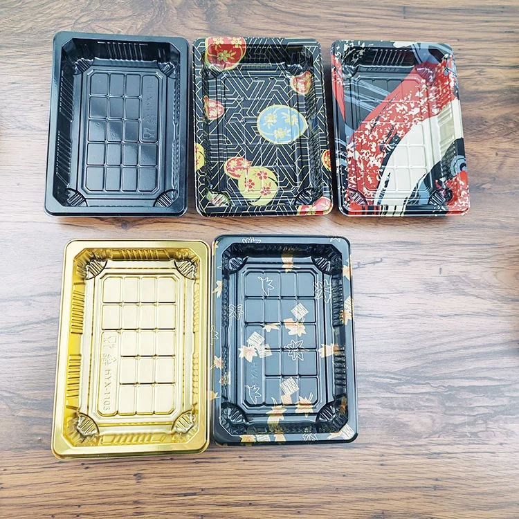 Custom Plastic Blister Anti Fog Lid Shallow Circle Gold Take Out To Go Disposable Sushi Pet Plates Dishes Set For Restaurant