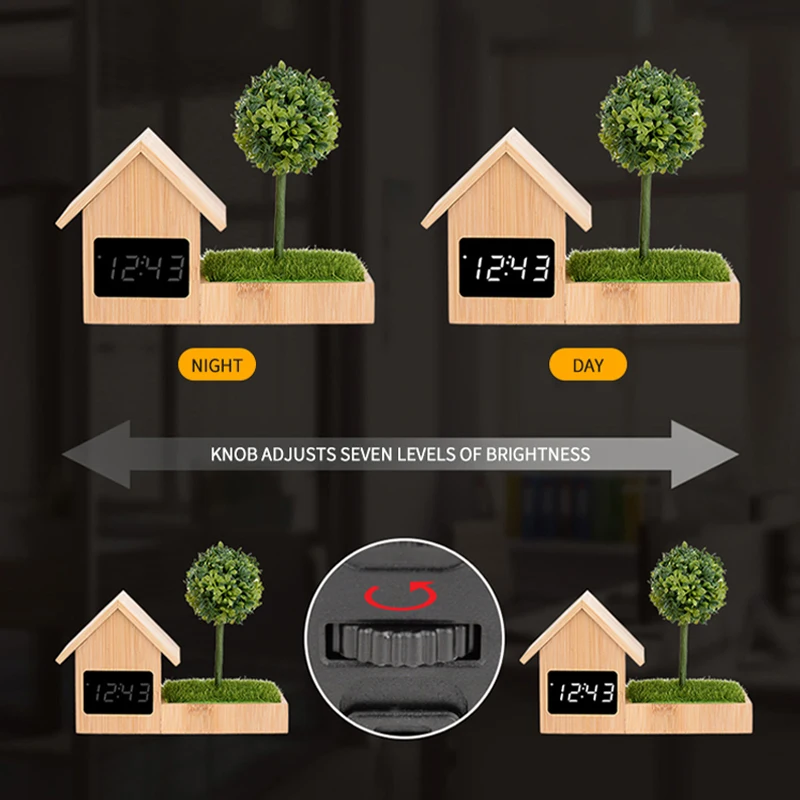 2022 New Year Gift Home Decoration Real Bamboo House shape Alarm Clock With Calendar Temperature Display best for bedroom
