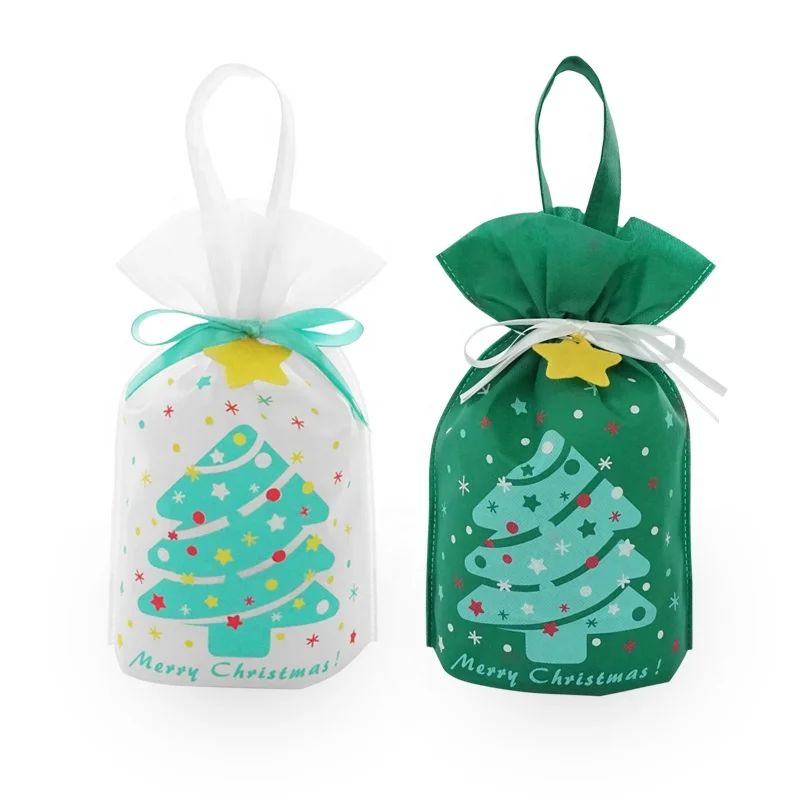 Green White Non-woven Blue Christmas Tree Pattern Design Party Decoration Handle Drawstring Gift Bags