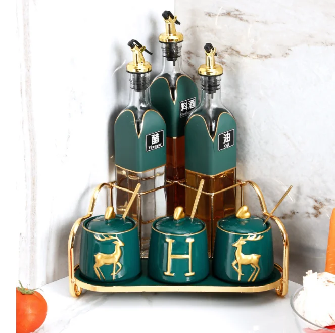 Kitchen Luxury Ceramic Spice Jar Set Salt Sugar Pepper Seasoning Pot Ceramic Seasoning Storage Box With Olive Oil Bottle