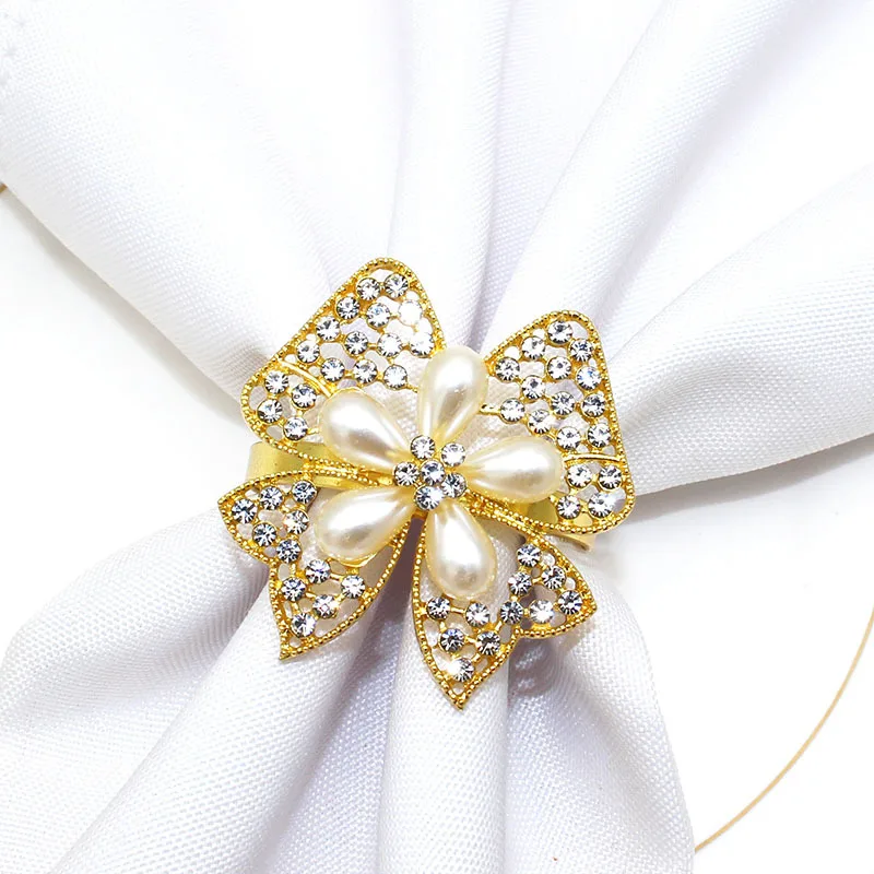 New diamonds gold flower pearl napkin ring  party banquet decoration pearl napkin rings