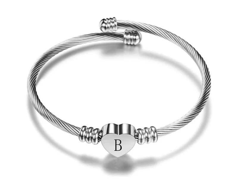 Fashion personality cable design cuff heart charm stainless steel bangle bracelet