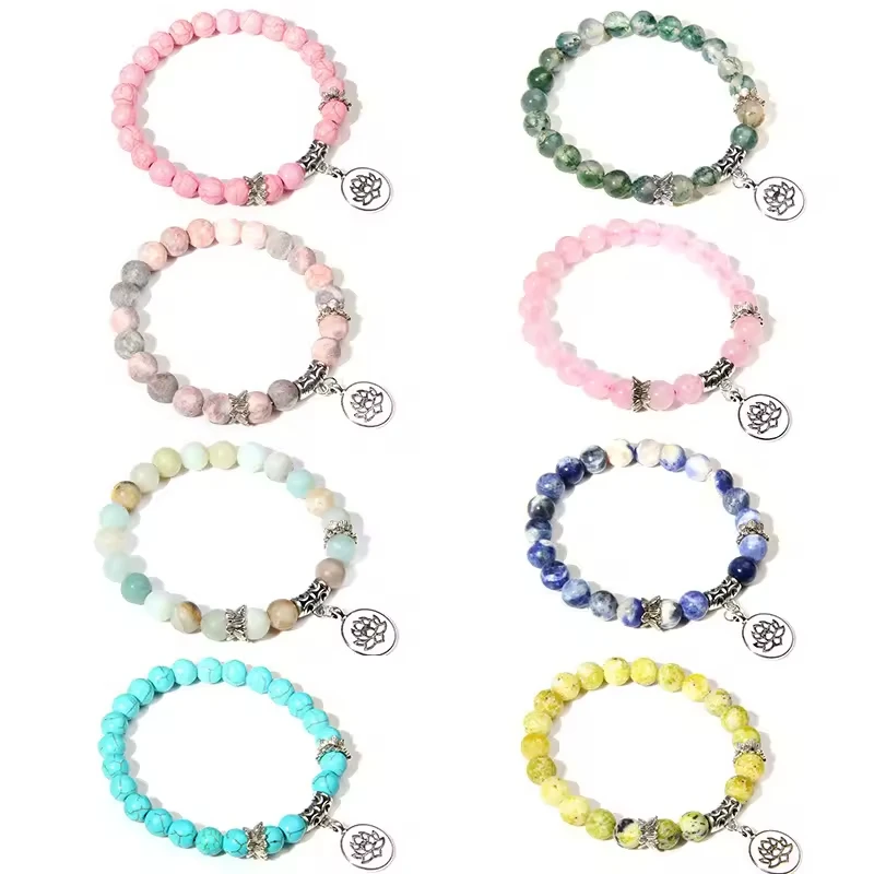 8mm Natural Gemstone Energy Lotus Charm Beaded Chakra Bracelet Healing Crystal Jewelry Yoga Practice Fashion Bangle Gold