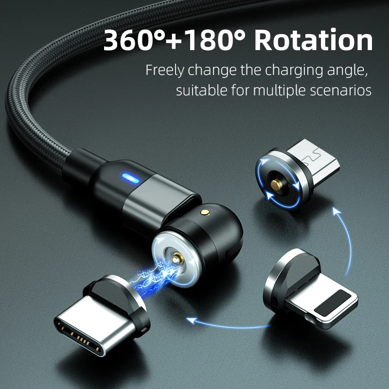 Magnetic charging cable fast charging 3 in 1 magnetic light cable 540 degree Free Rotation Data 2.4A Micro USB C Charging Line