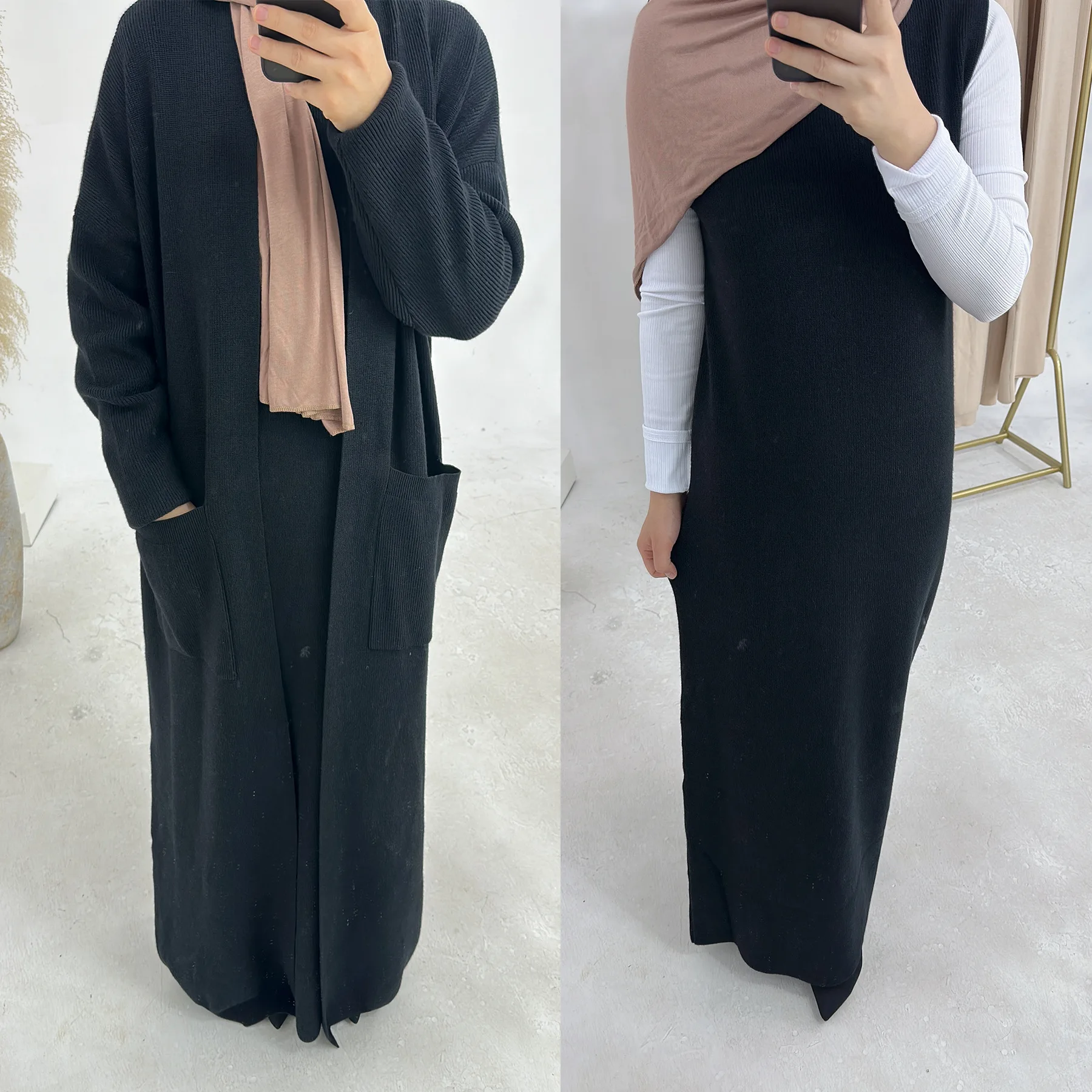 Sharut Dubai Modest Islamic Luxury Winter Turkish Modest Abaya Muslim Women Knitted Wool Sweater Coat with Inner Dress Abaya Set