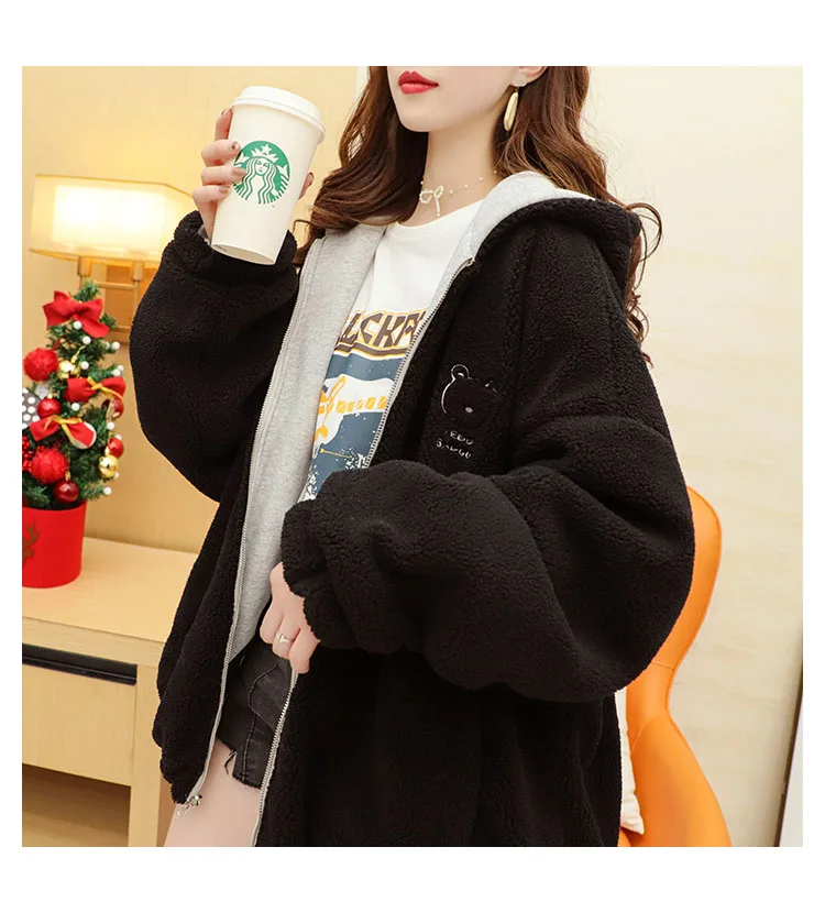 Both positive and negative lamb wool cardigan jacket sweater women plus velvet thickening 2021 autumn and winter new loose jacke
