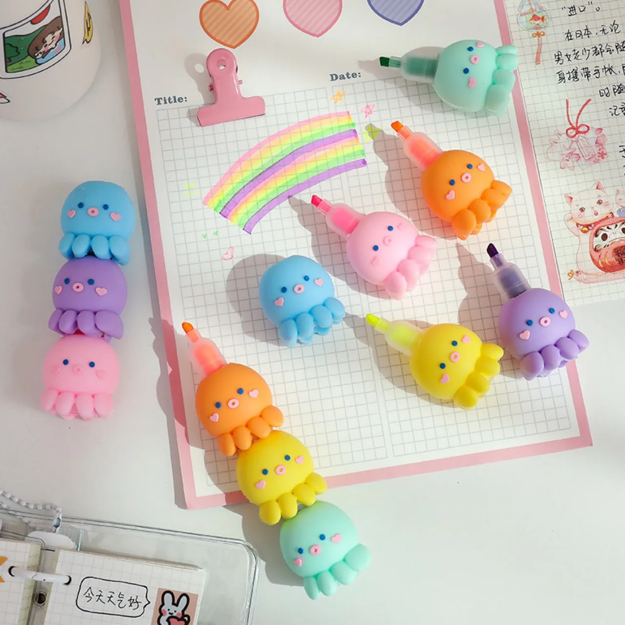 6pcs/pack Wholesale Kawaii Octopus Fluorescent Pens Custom Eco-friendly Silicone Material Highlight Pen For Kids