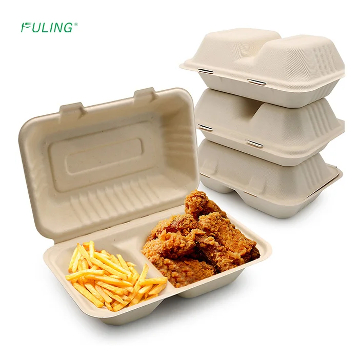 FULING Biodegradable 9x6 Take Out Food Containers with Clamshell Hinged Lid Sugarcane Bagasse 100% Compostable to Go Container