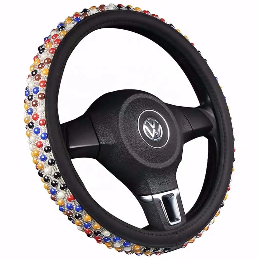 Genuine Leather Car Steering Wheel Cover With Elegant Bling Diamond And Ceramic Colors Customized