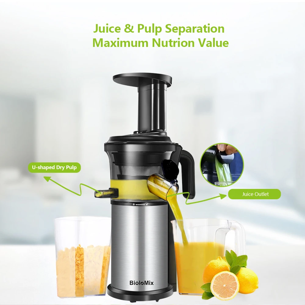 BioloMix 200W 40RPM Stainless Steel Masticating Slow Auger Juicer Fruit and Vegetable Juice Extractor Compact Cold Press Juice