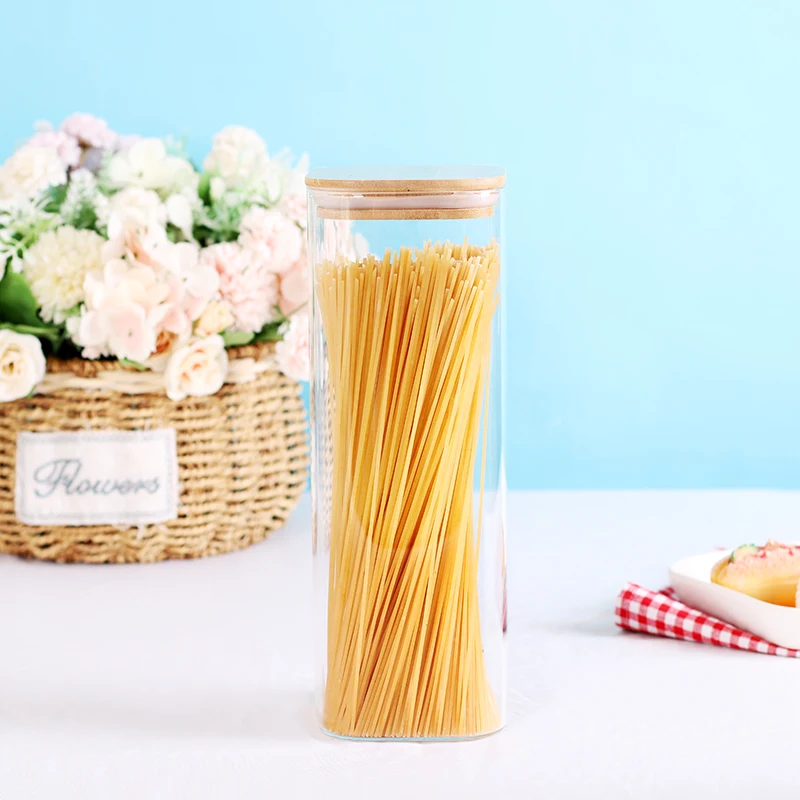Glass Storage Canister with Wooden Lid Set of 7 Square Glass Jars with Bamboo Lids, Glass Food Storage Containers for Pasta