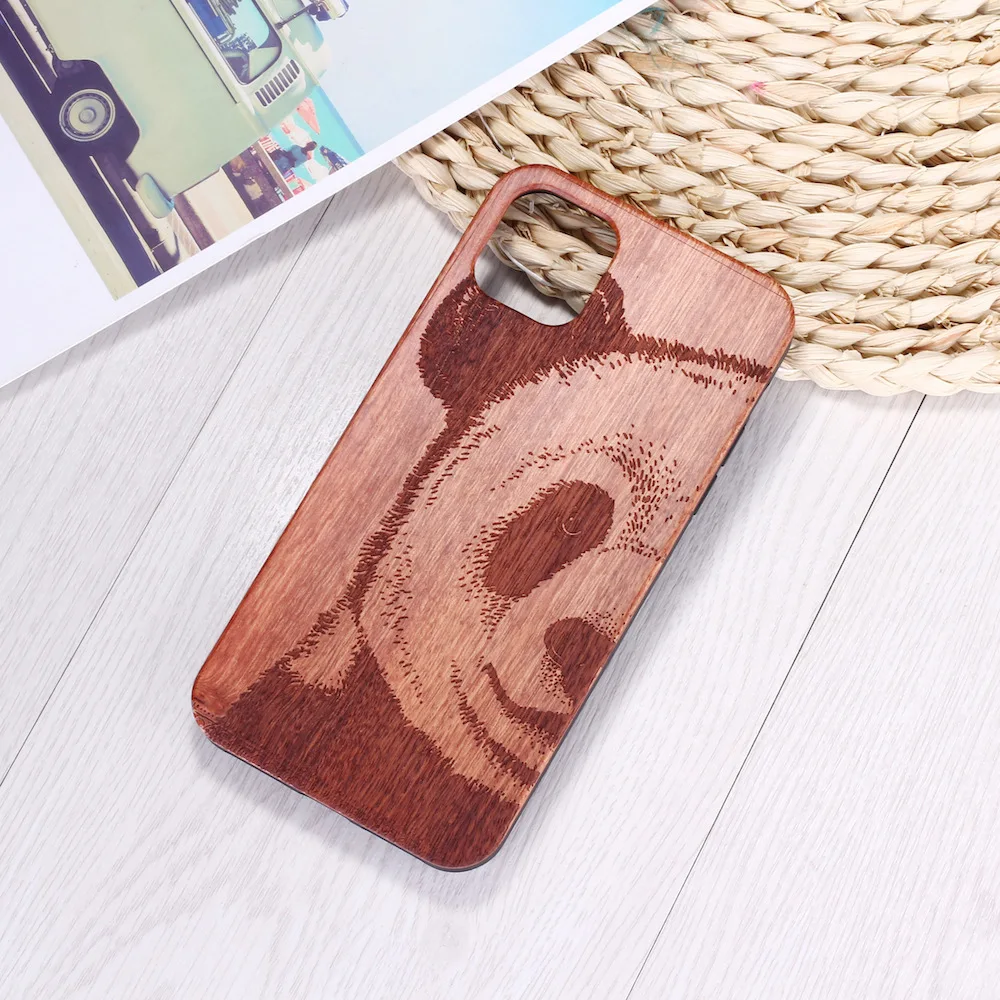 Fashion New Nice Cute Animal Panda Printed Patterns Solid Wood Radium Carved Pear Back Protective Shell For Iphone 14/13 Promax