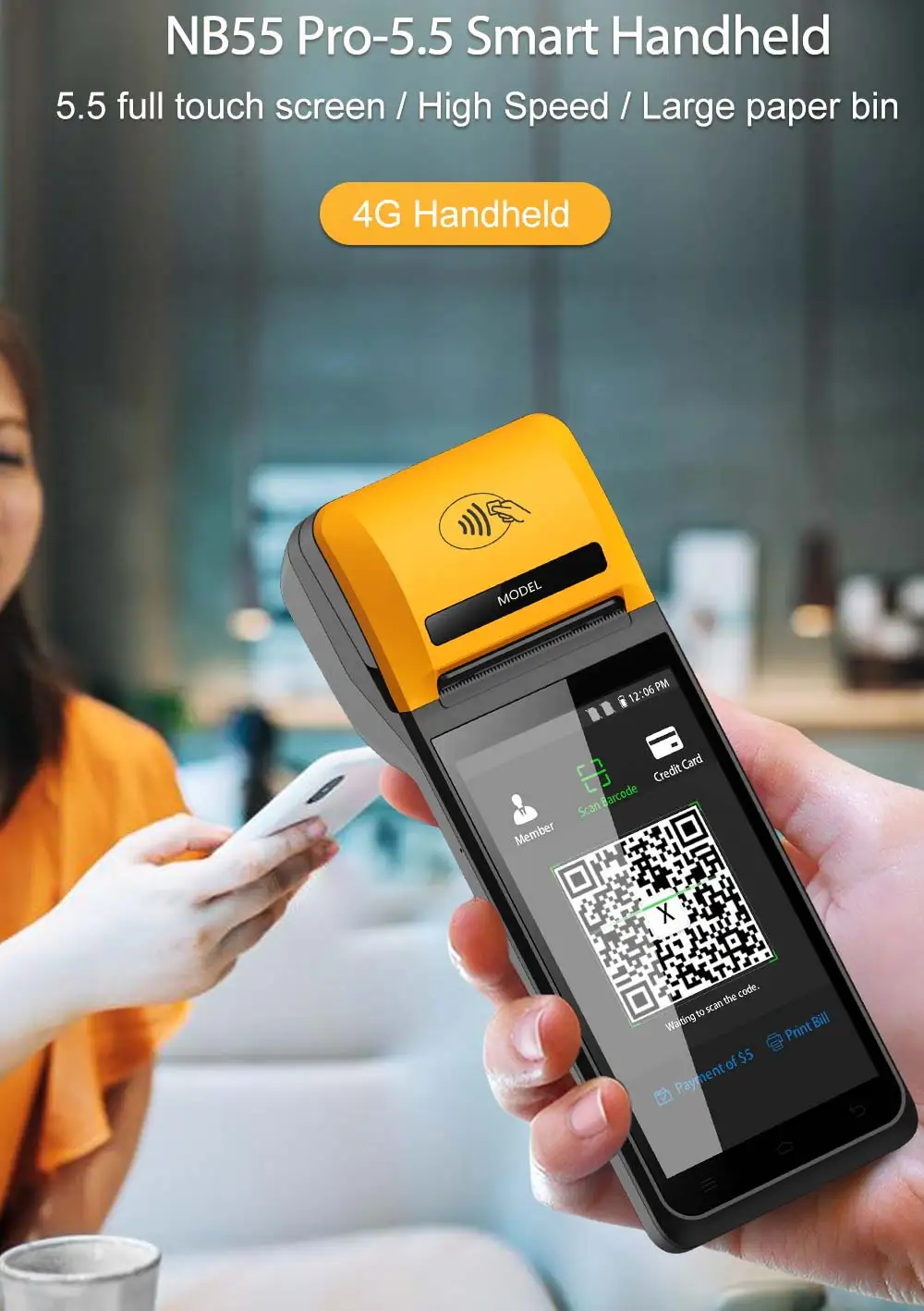NB55 android12 pos with printer 3GB+16GB memory handheld pos systems Receipt Printer billing machine support 4G wifi