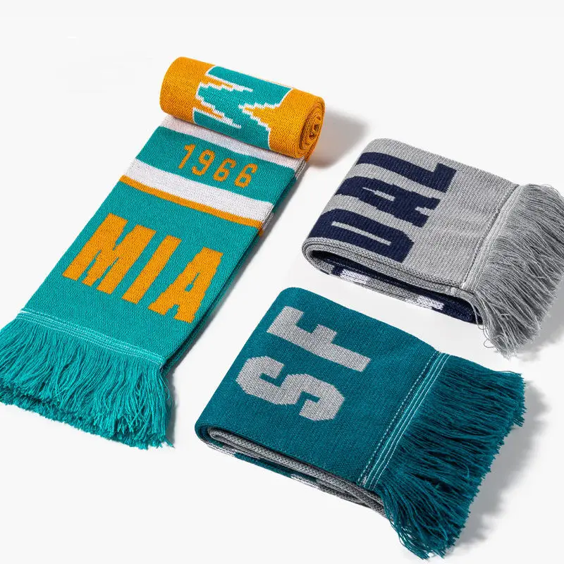 Tassel Knitted Fan Scarf Football Fans Scarf Wholesale Price High Quality Jacquard Soccer Custom Logo Acrylic Women Adult Winter