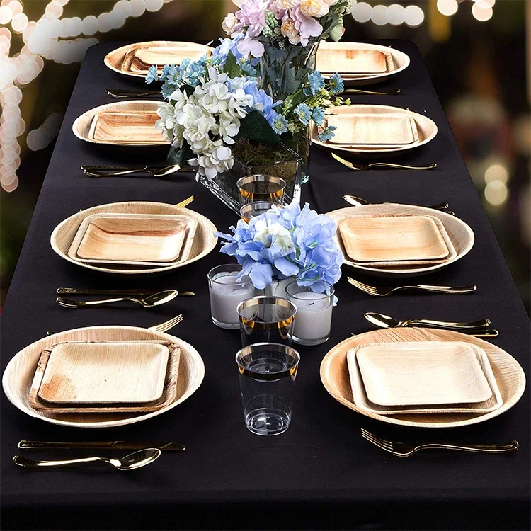 Одноразовые экологически чистые натуральные тарелки из пальмовых листьев, бамбуковые тарелки, биоразлагаемые деревянные тарелки 6 дюймов, 8 дюймов, 10 дюймов квадратной формы