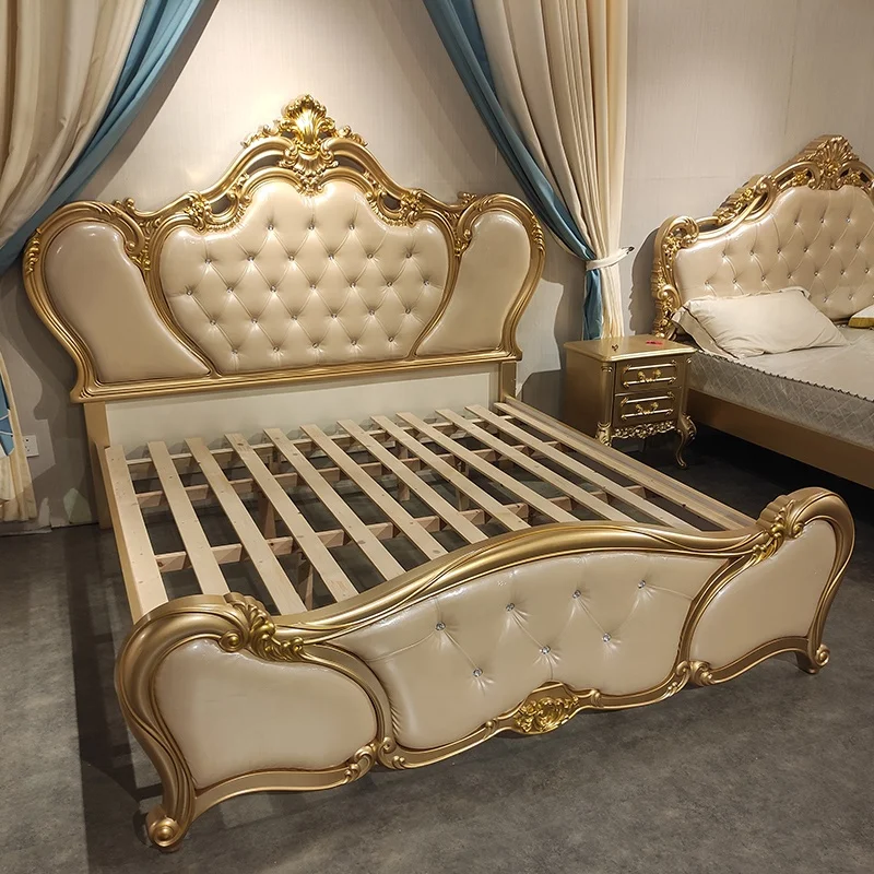 Luxury Champagne Gold Carved French Royal Leather King Size Bedroom Set Solid Wood Bedframe for Home or Apartment Furniture