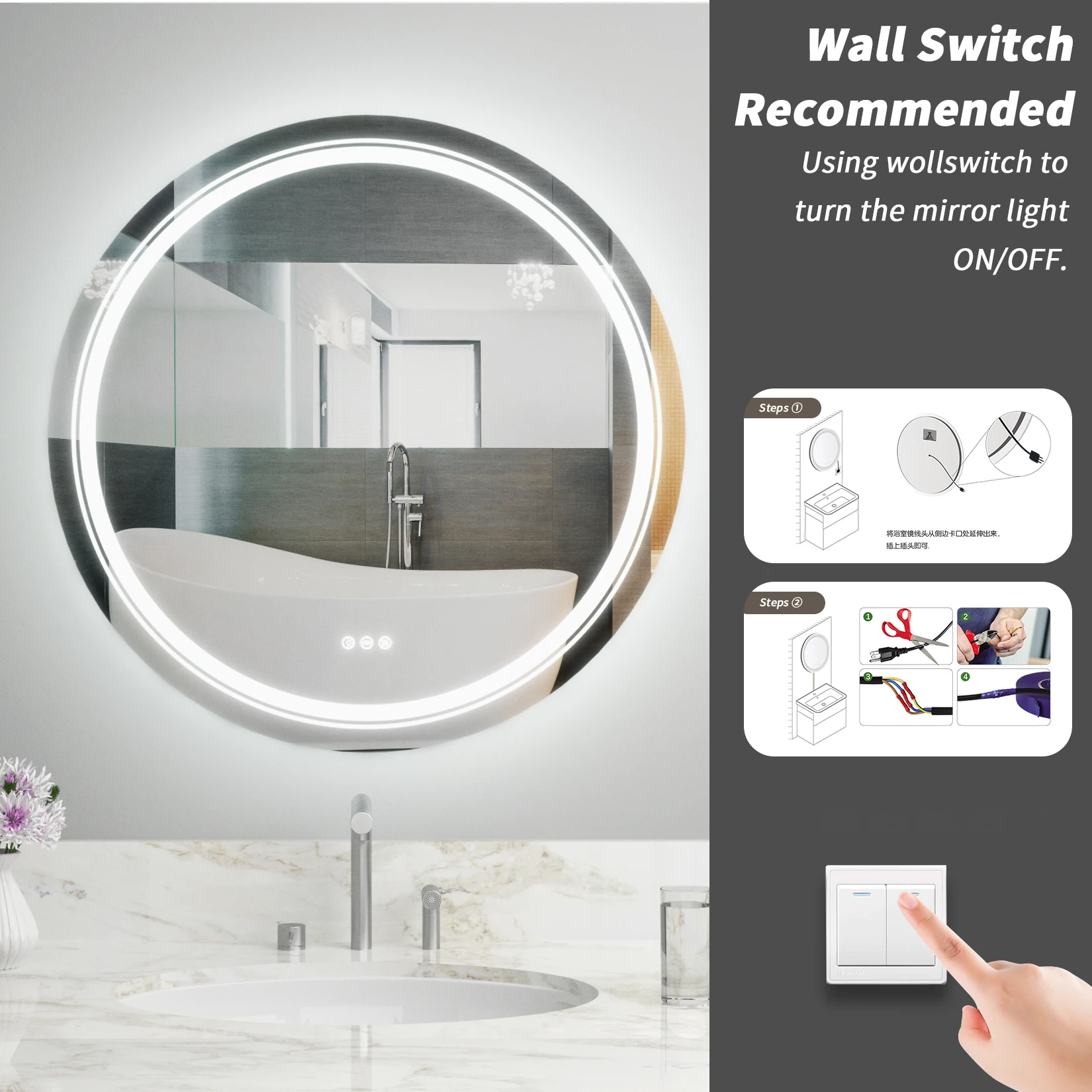 Modern Illuminated LED Bathroom Mirror with Lights Demister and Sensor Wall Mounted 80x80cm