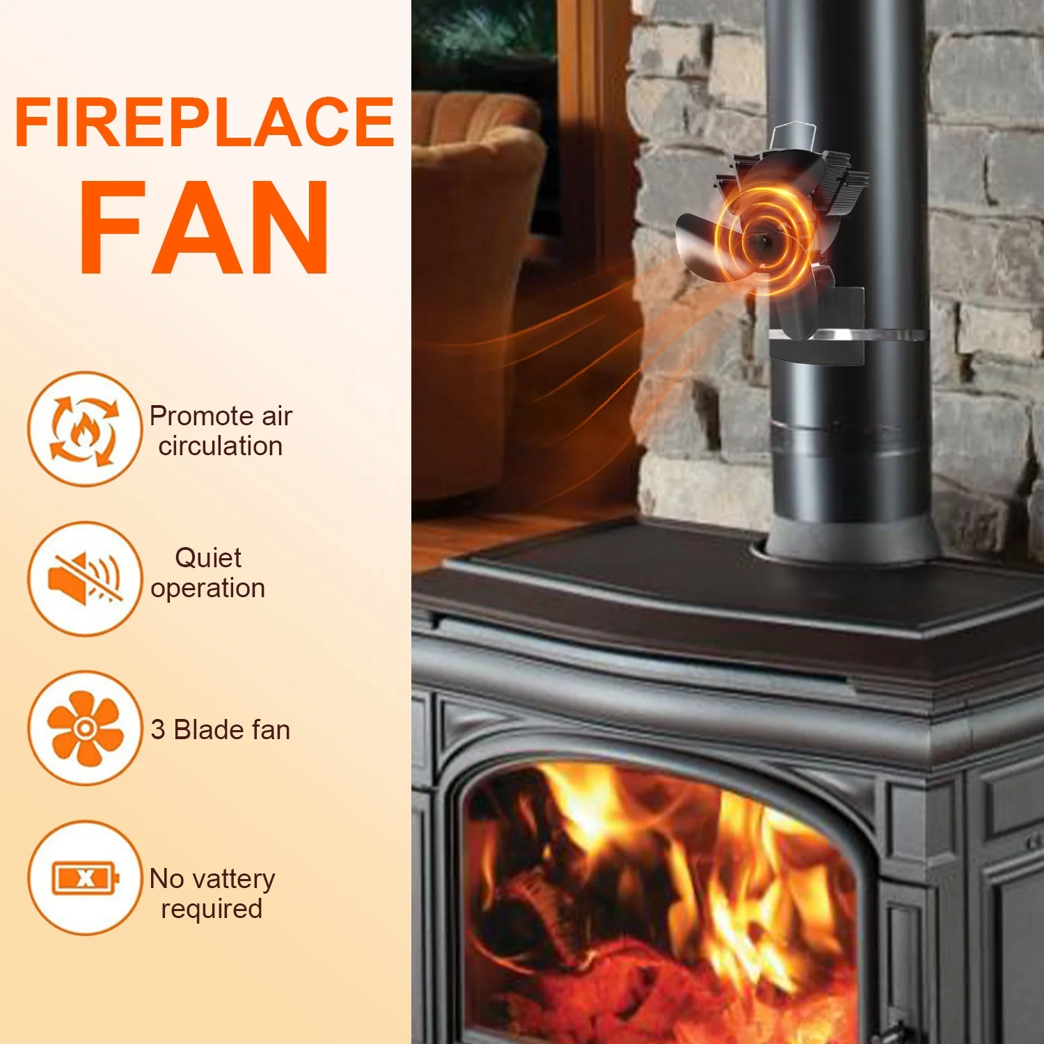 Heat Powered Wood 3 Blades Stove Fan on Chimney with Silent Motors Push Horizontal Air Flow  for Wood Burning Stove/Gas/Pellet