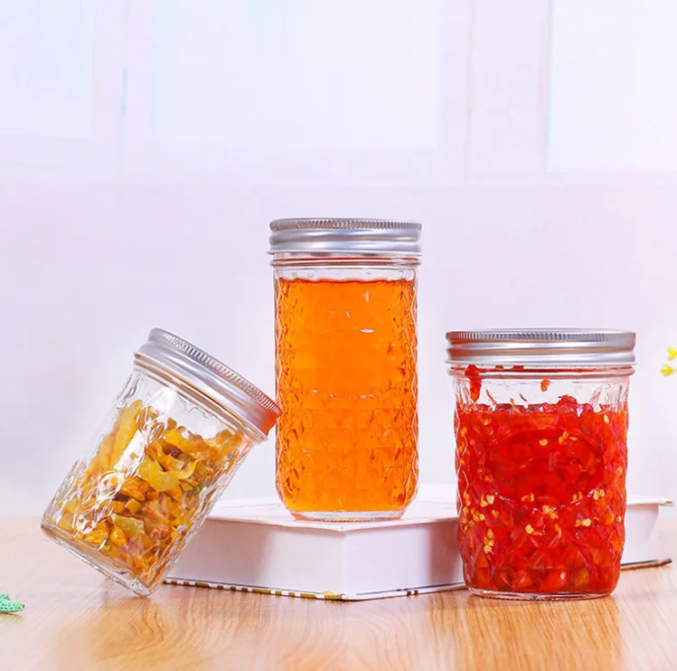 Wide mouth diamond shaped empty glass mason jar for jam canning food storage