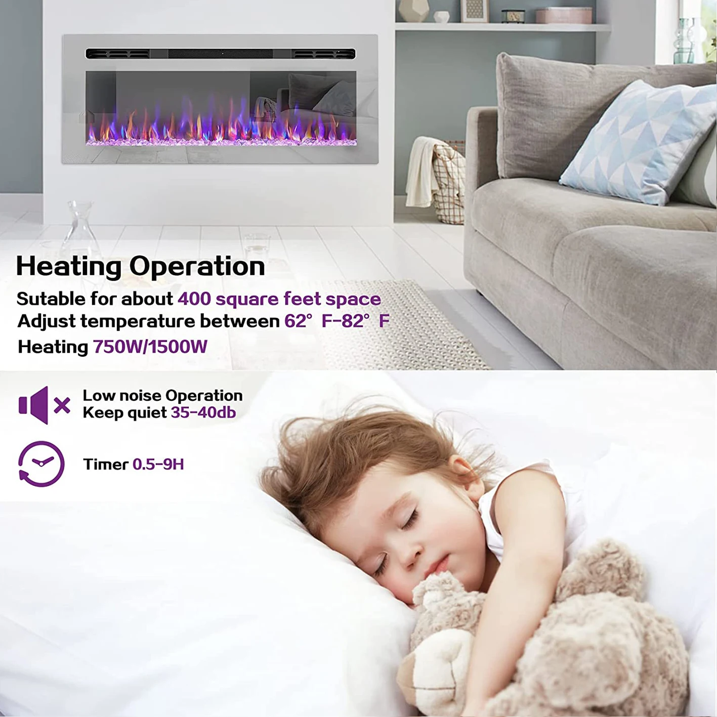 31-Inch Realistic Flame Electric Fireplace Heater Wall Mounted Log Set TV Stand Remote Control for Household Use