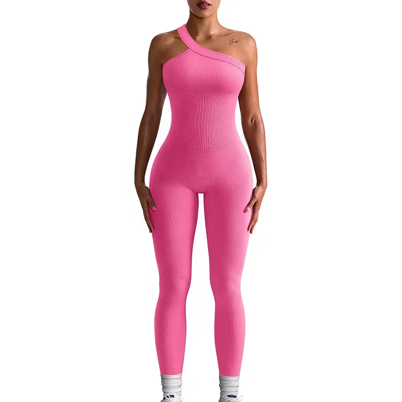 Customized Women Yoga Jumpsuits Workout Ribbed One Shoulder One Piece Sport Jumpsuits Activewear Bodysuit